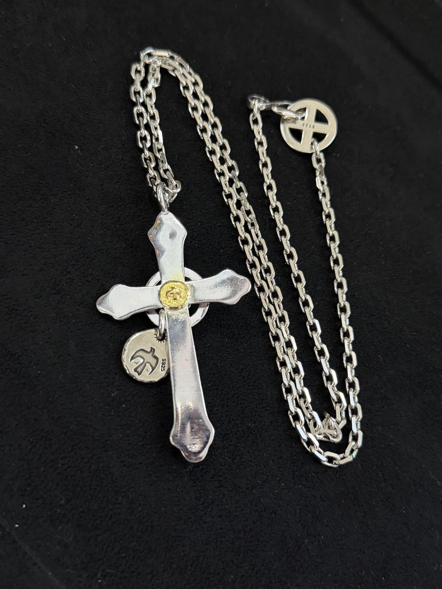 Chrome Hearts Silver Cross Pendant with Turquoise and Gold Accents